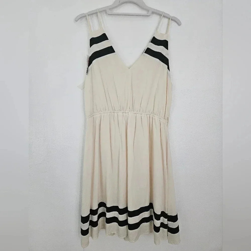 YA LOS ANGELES Ivory Tank Dress Black Stripes Elastic Waist‎ Midi Size L NWT
